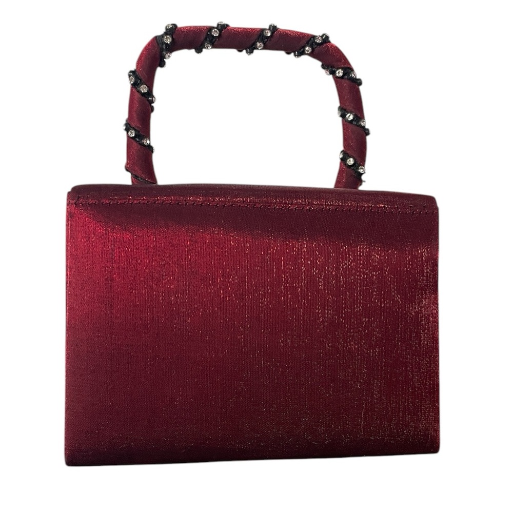 Burgundy shiny satin evening bag with long strap